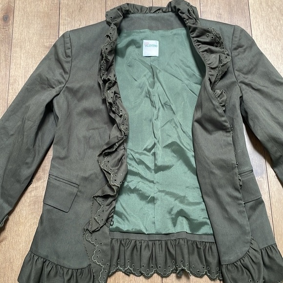 RED VALENTINO womens blazer jacket 2 olive green flared ruffle hem safari - Picture 12 of 14